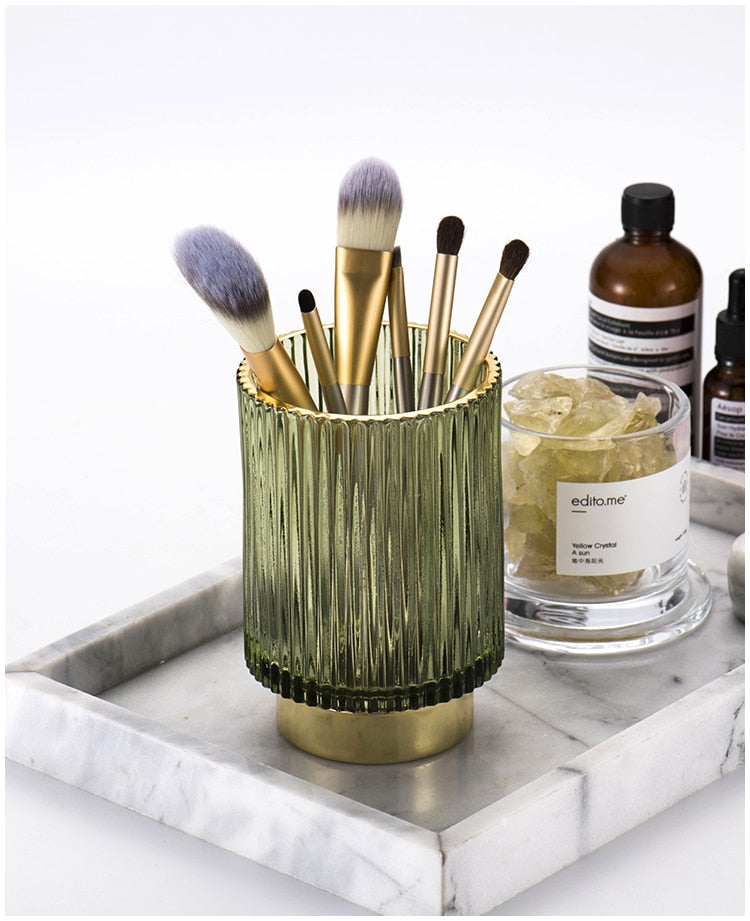 Harrow Elise Glass Makeup Organizer Gold Foil Accent Chrome Finish Tinted Borosilicate