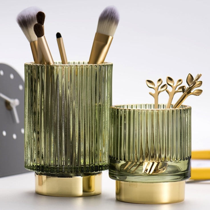 Harrow Elise Glass Makeup Organizer Gold Foil Accent Chrome Finish Tinted Borosilicate