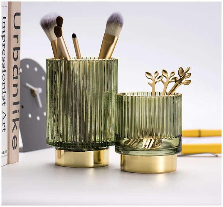 Harrow Elise Glass Makeup Organizer Gold Foil Accent Chrome Finish Tinted Borosilicate