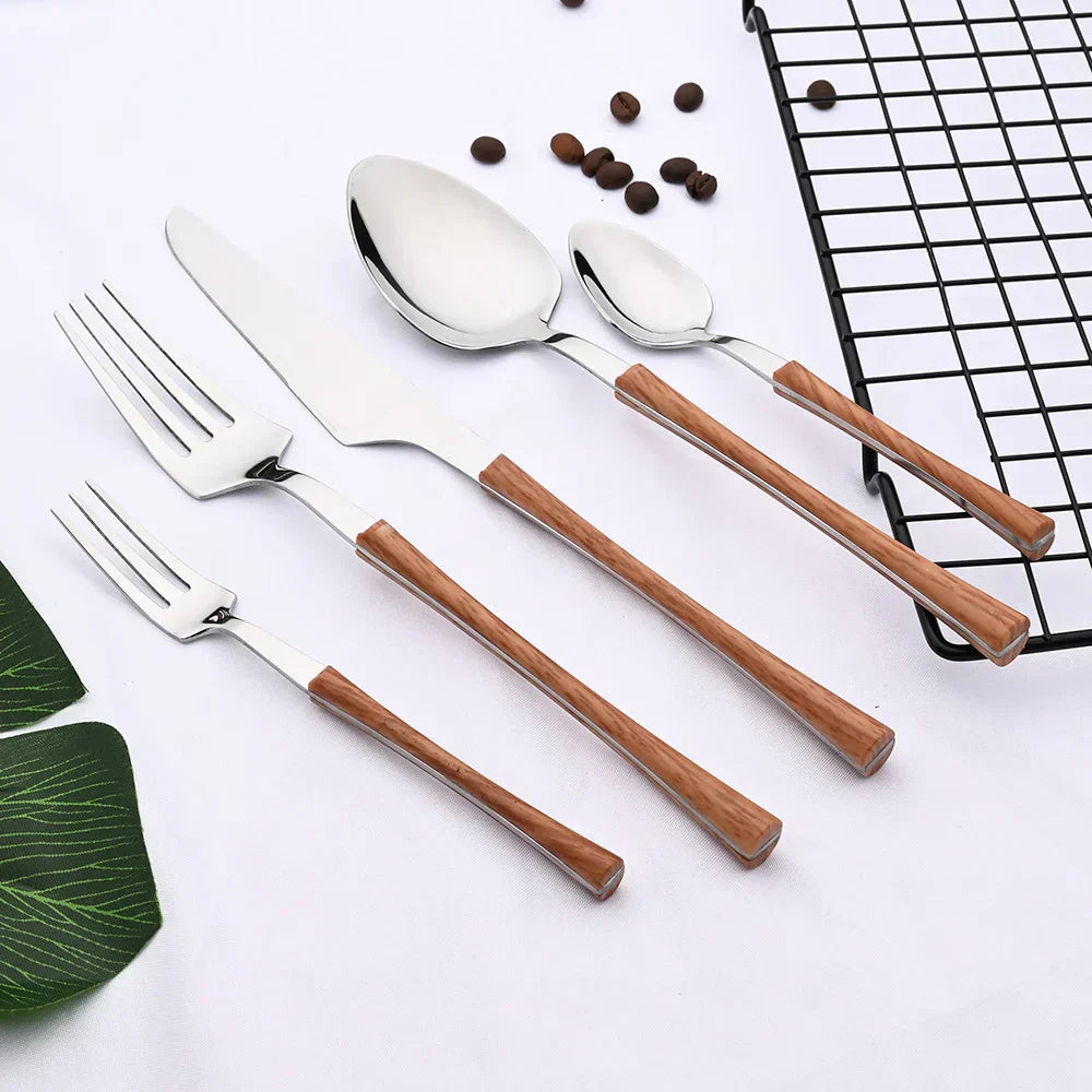 RusticDining Stainless Steel Cutlery Set with Wooden Handles Durable Dishwasher Safe Flatware