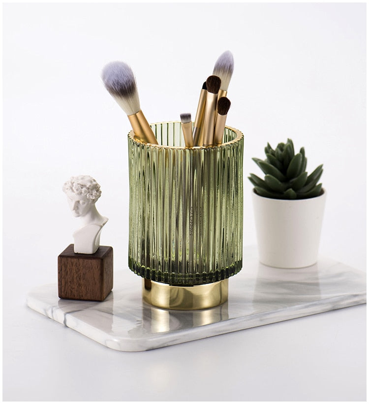 Harrow Elise Glass Makeup Organizer Gold Foil Accent Chrome Finish Tinted Borosilicate