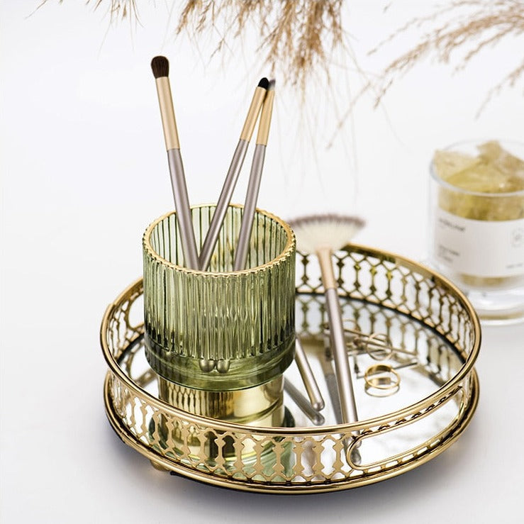 Harrow Elise Glass Makeup Organizer Gold Foil Accent Chrome Finish Tinted Borosilicate