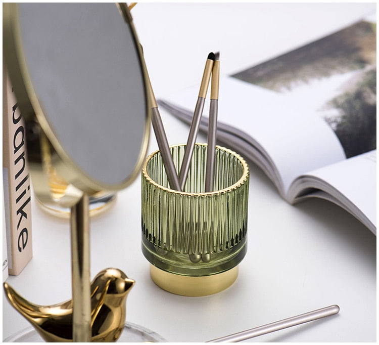 Harrow Elise Glass Makeup Organizer Gold Foil Accent Chrome Finish Tinted Borosilicate