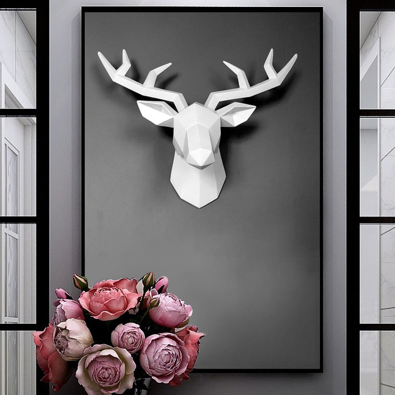 3D Resin Deer Sculpture Wall Art Modern Geometric Abstract Home Decor 38x29x13cm