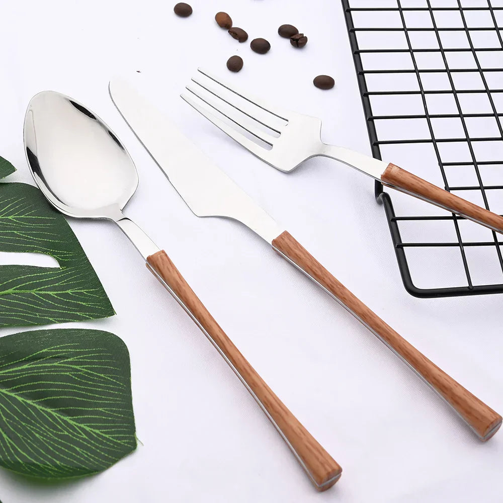 RusticDining Stainless Steel Cutlery Set with Wooden Handles Durable Dishwasher Safe Flatware