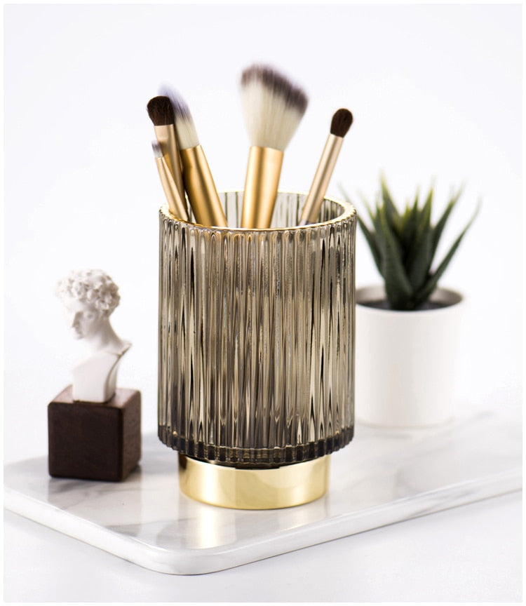 Harrow Elise Glass Makeup Organizer Gold Foil Accent Chrome Finish Tinted Borosilicate