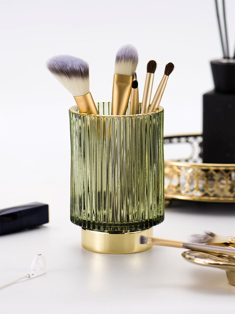 Harrow Elise Glass Makeup Organizer Gold Foil Accent Chrome Finish Tinted Borosilicate