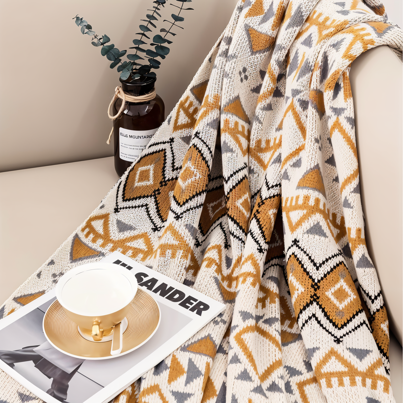 Geometric Boho Fleece Blanket Soft Cozy Throw for Sofa Bed or Outdoor Use