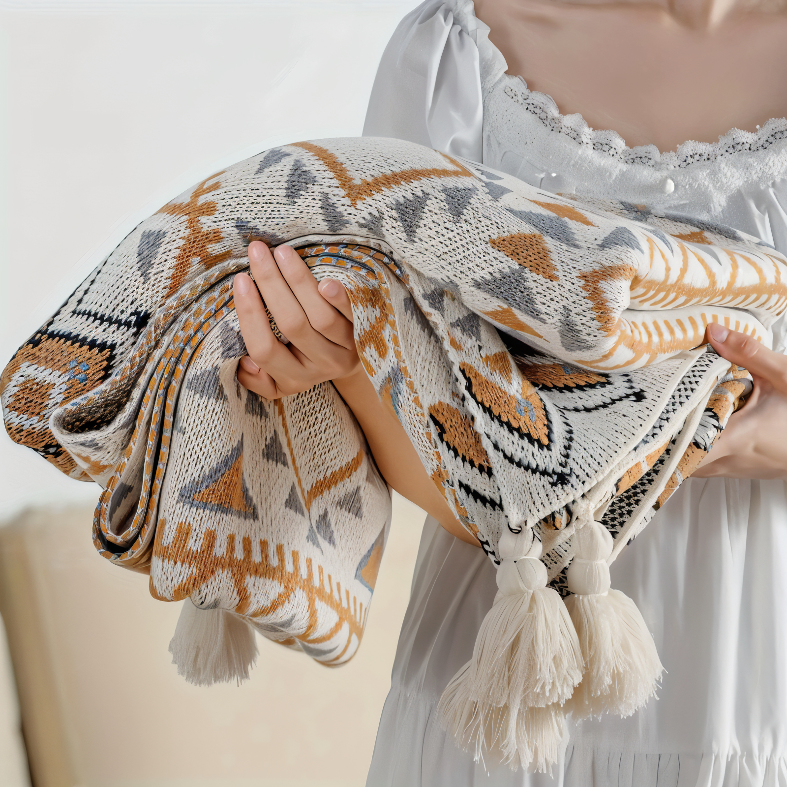 Geometric Boho Fleece Blanket Soft Cozy Throw for Sofa Bed or Outdoor Use