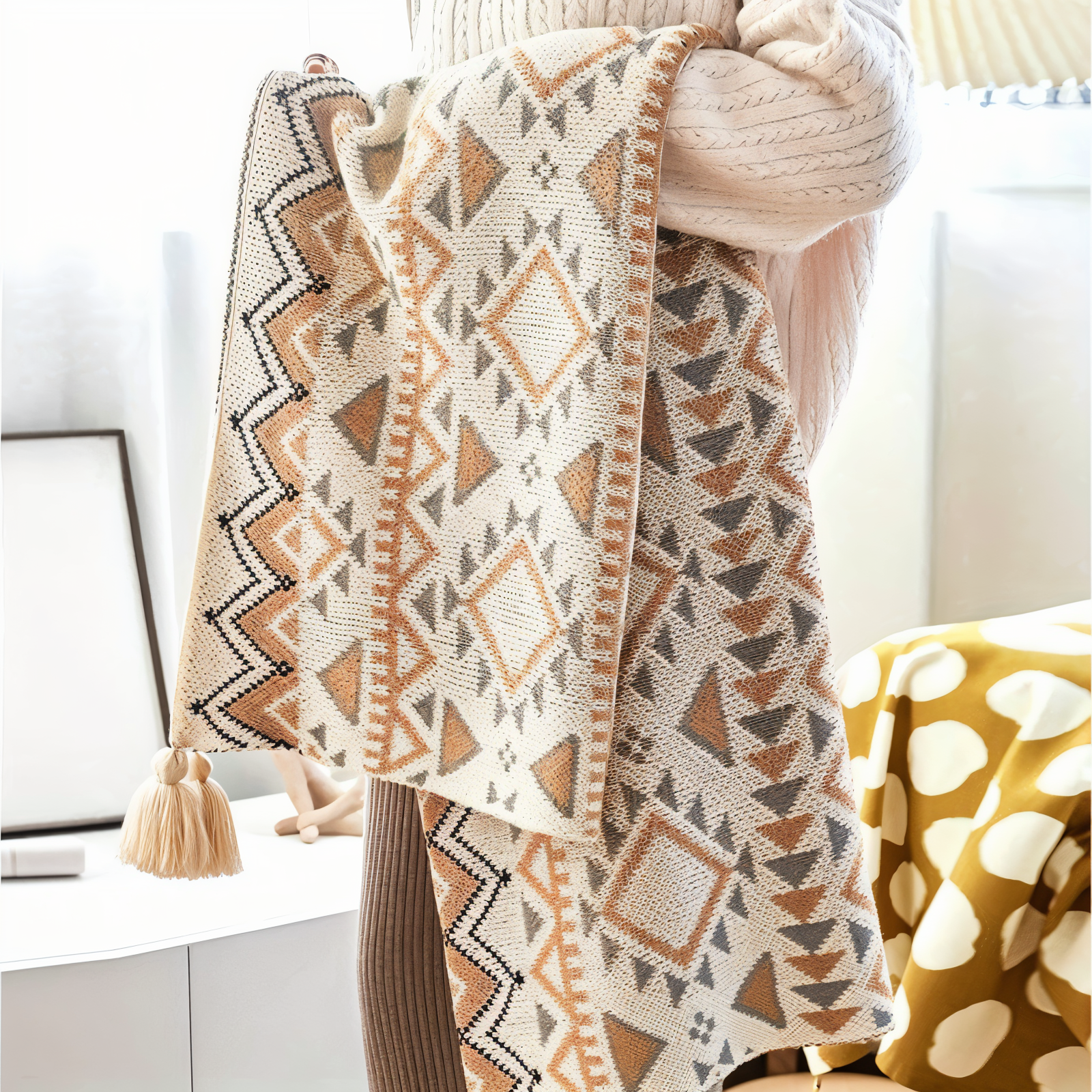 Geometric Boho Fleece Blanket Soft Cozy Throw for Sofa Bed and Outdoor Use