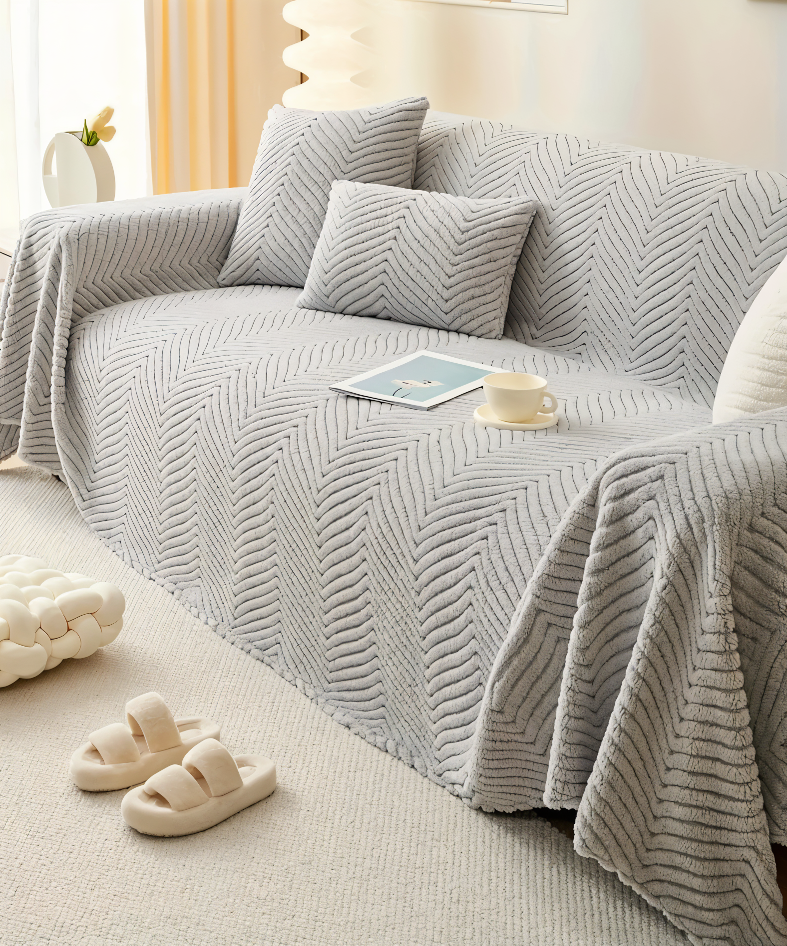 LuxuraWrap Plush Sofa Cover Non-Slip Pet-Friendly Couch Protector Geometric Design Fits Up to 4 Seats