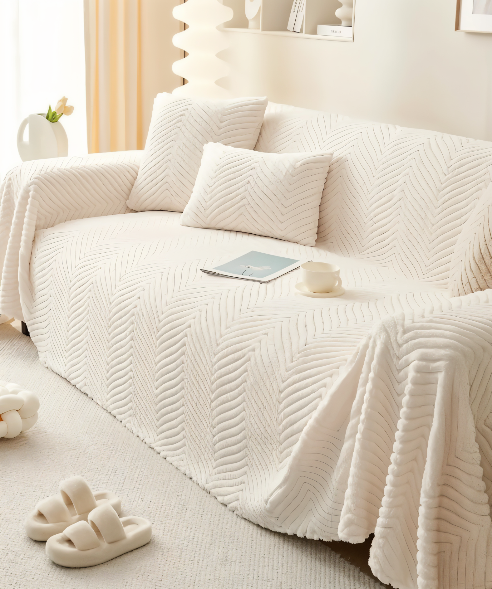 LuxuraWrap Plush Sofa Cover Non-Slip Pet-Friendly Couch Protector Geometric Design Fits Up to 4 Seats