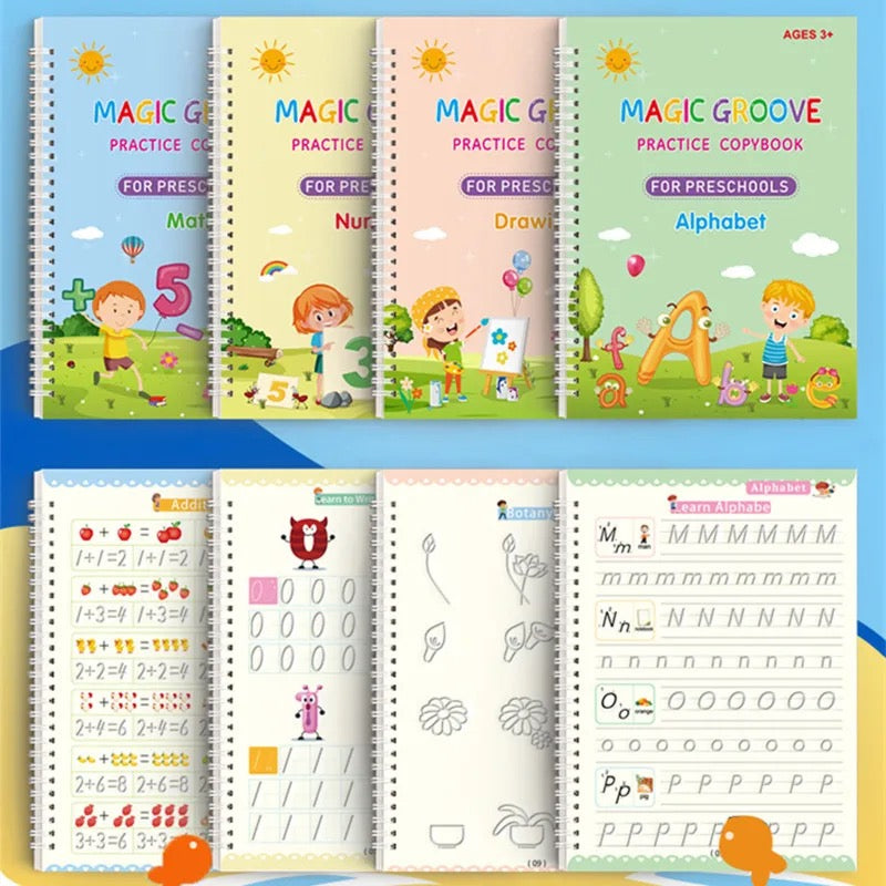 Kids Magic Copybooks Set with Disappearing Ink Pen Reusable Handwriting Practice Books 4-Pack with Pen Holder and Ink Cartridges