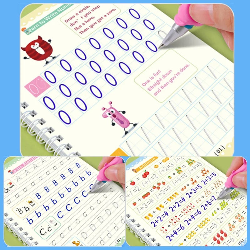 Kids Magic Copybooks Set with Disappearing Ink Pen Reusable Handwriting Practice Books 4-Pack with Pen Holder and Ink Cartridges