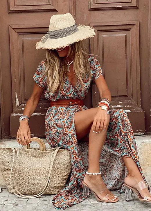 Harrow Justine boho flowy maxi dress for women with belt, perfect for summer, featuring lightweight fabric and relaxed fit.