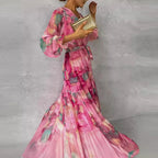 Elegant floral handmade dress for women by Harrow, showcasing a summer-inspired design with vibrant flower patterns.