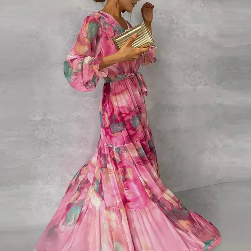 Elegant floral handmade dress for women by Harrow, showcasing a summer-inspired design with vibrant flower patterns.