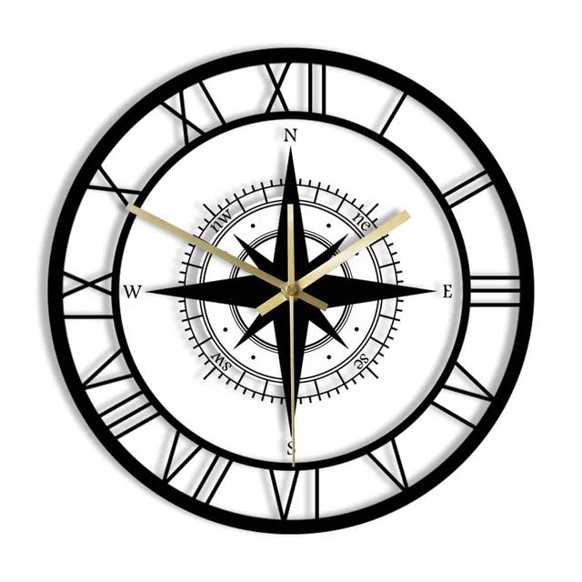 DirectionalChart Nautical Compass Wall Clock Silent Metal Vintage 30cm Circular Decorative