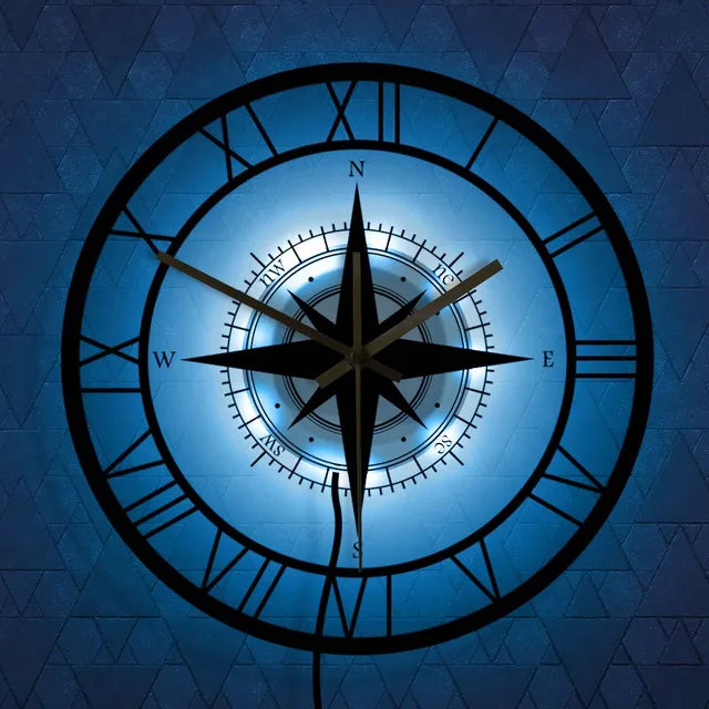 DirectionalChart Nautical Compass Wall Clock Silent Metal Vintage 30cm Circular Decorative