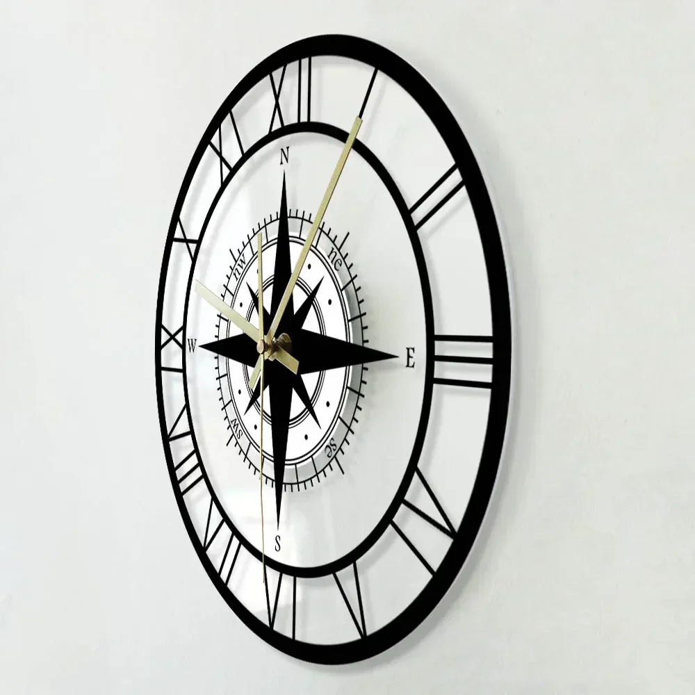 DirectionalChart Nautical Compass Wall Clock Silent Metal Vintage 30cm Circular Decorative