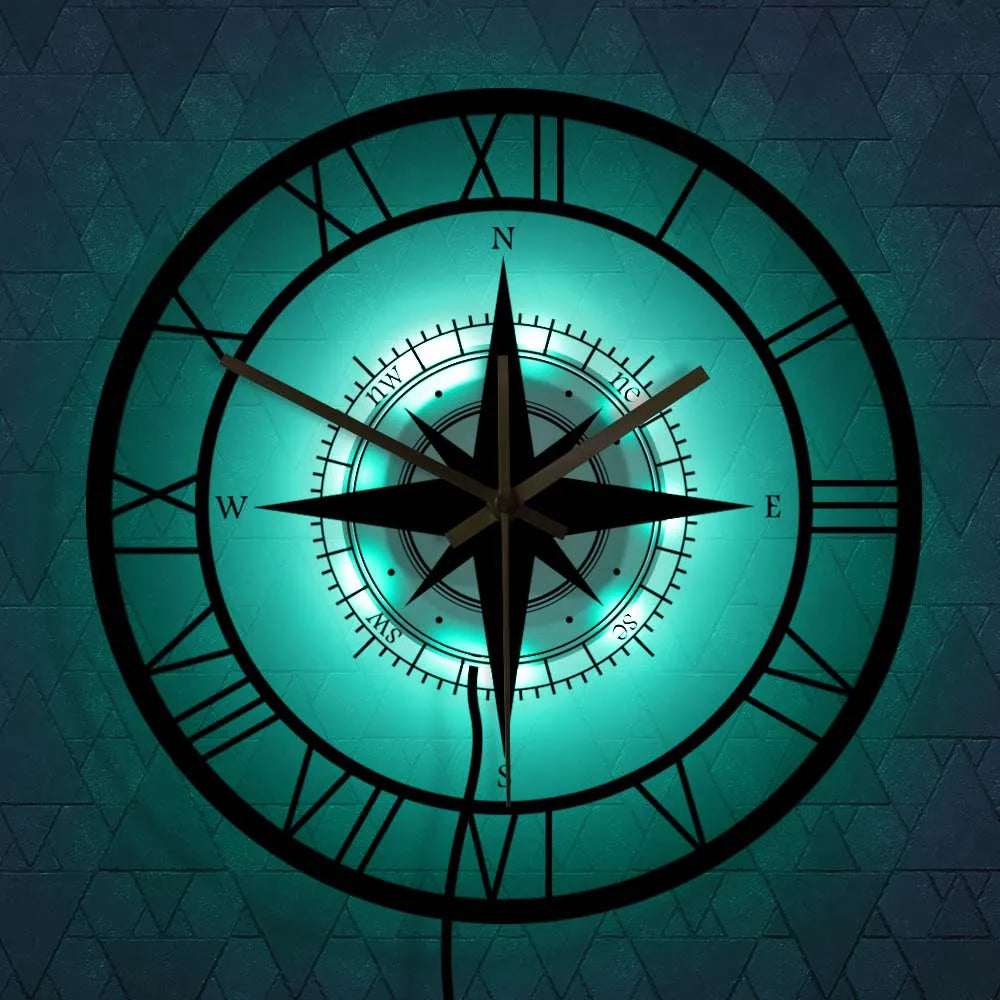 DirectionalChart Nautical Compass Wall Clock Silent Metal Vintage 30cm Circular Decorative