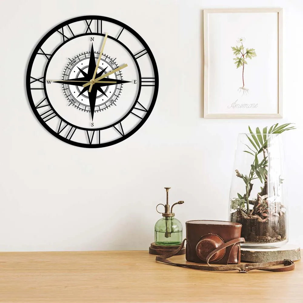 DirectionalChart Nautical Compass Wall Clock Silent Metal Vintage 30cm Circular Decorative