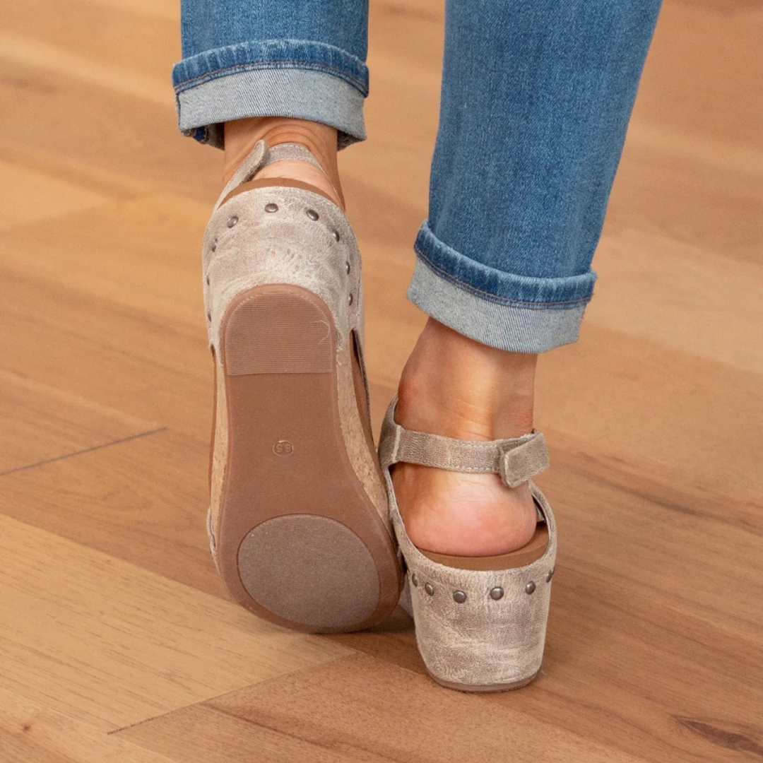 Harrow Linda suede wedge heel sandals for women, featuring tan straps and a sturdy wedge sole, perfect for casual summer wear.