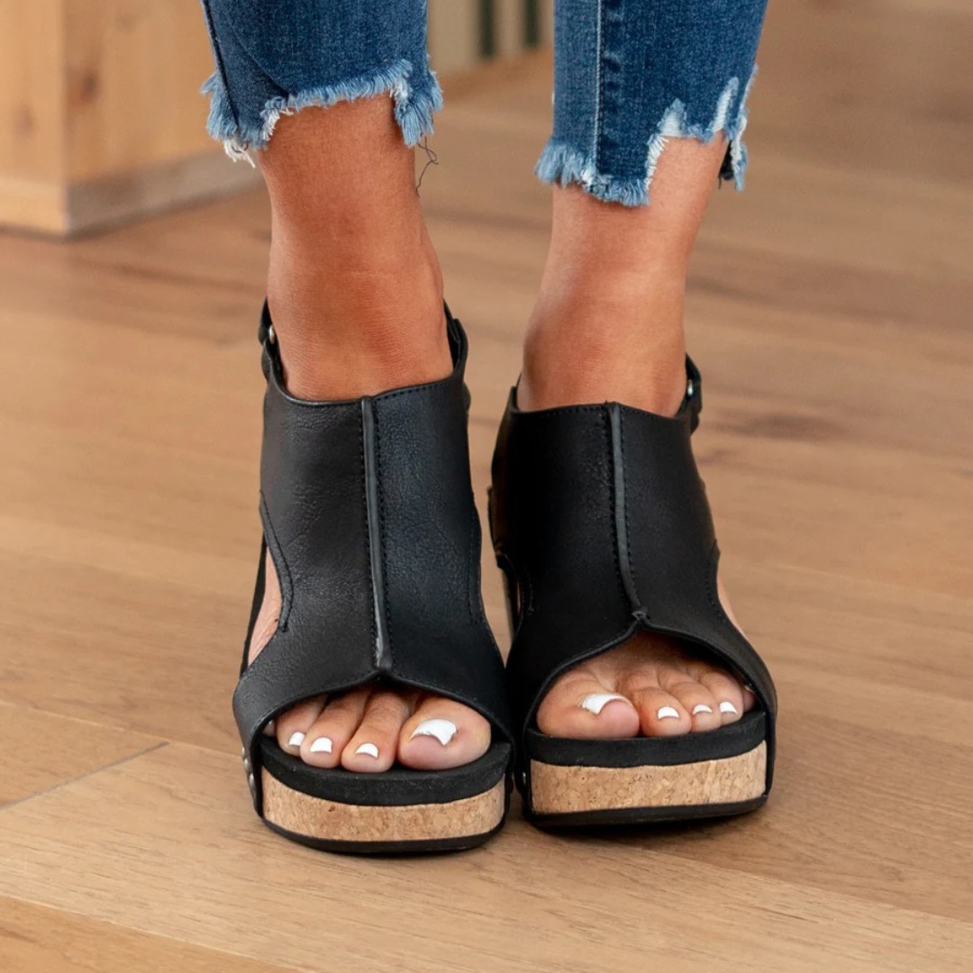 Harrow Linda suede wedge heel sandals for women, featuring tan suede straps and a comfortable wedge sole.