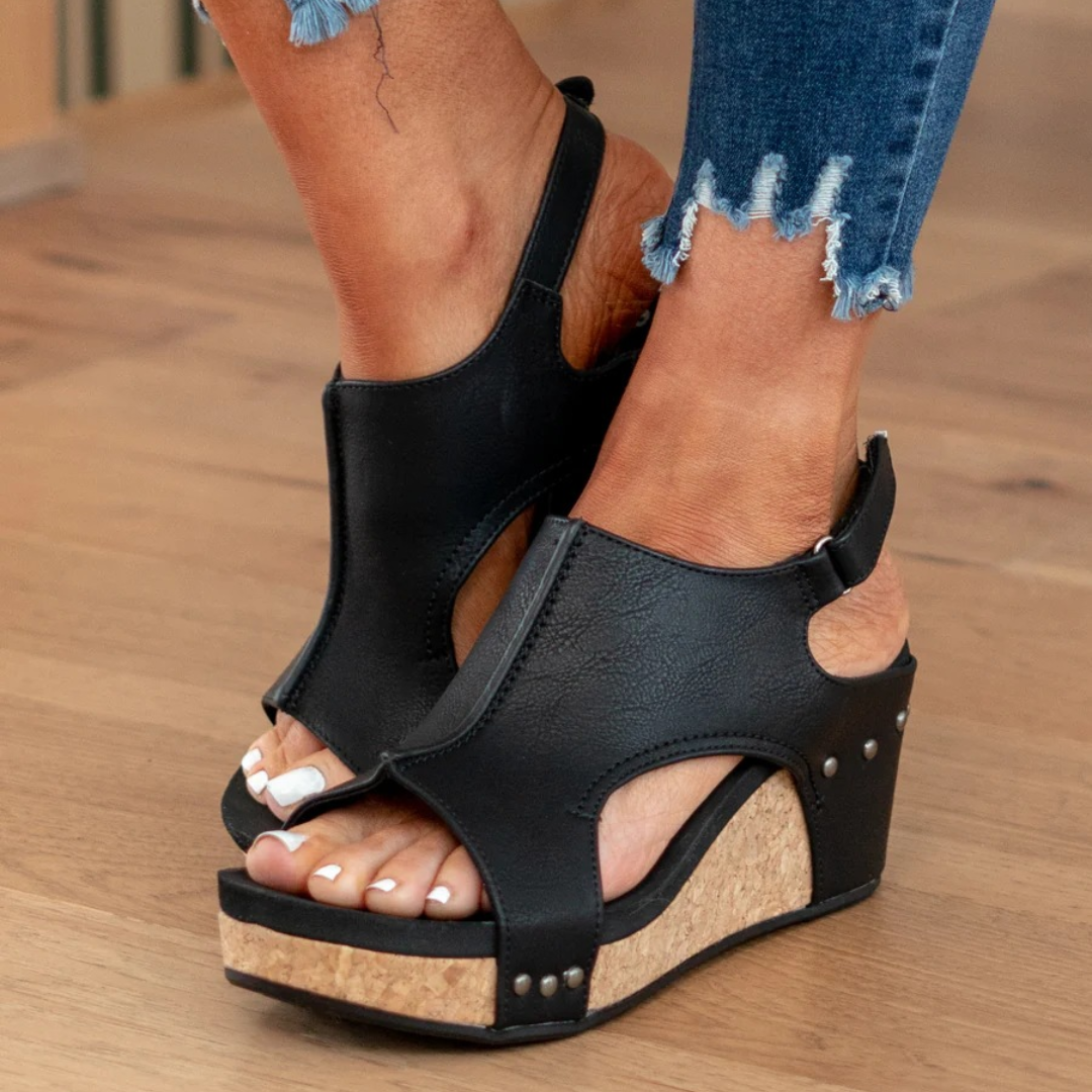 Harrow Linda suede wedge heel sandals for women with ankle straps and open toe design, showcasing a stylish and comfortable look.