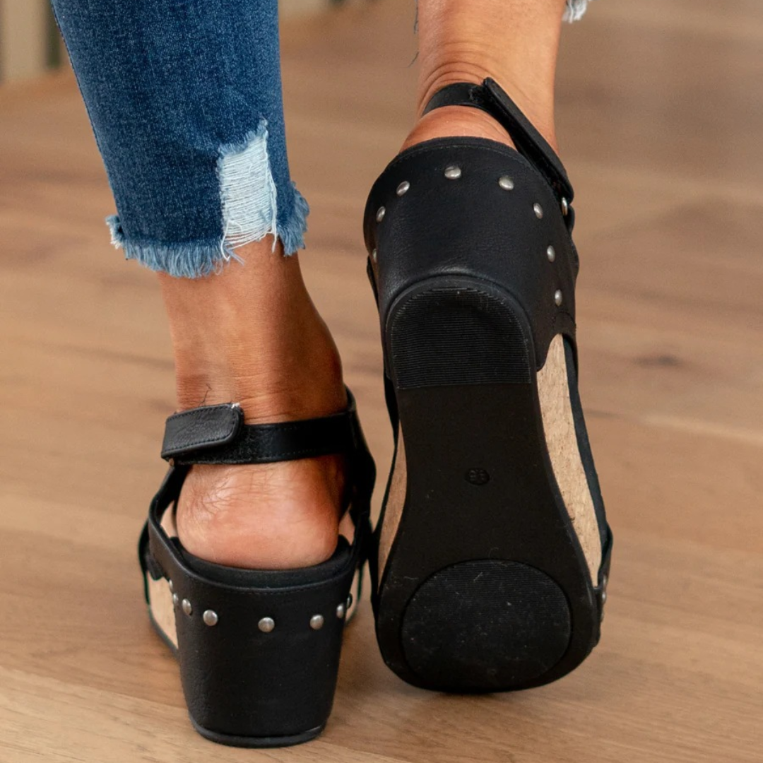 Harrow Linda suede wedge heel sandals for women with open toe and ankle strap, in tan color.
