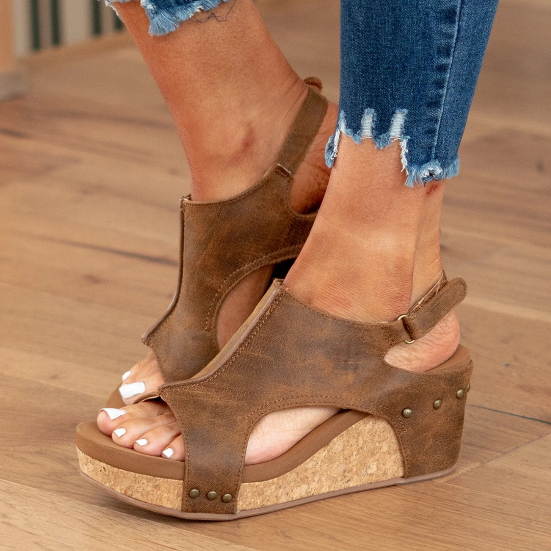 Harrow Linda suede wedge heel sandals for women with open toe and ankle strap, in beige color.