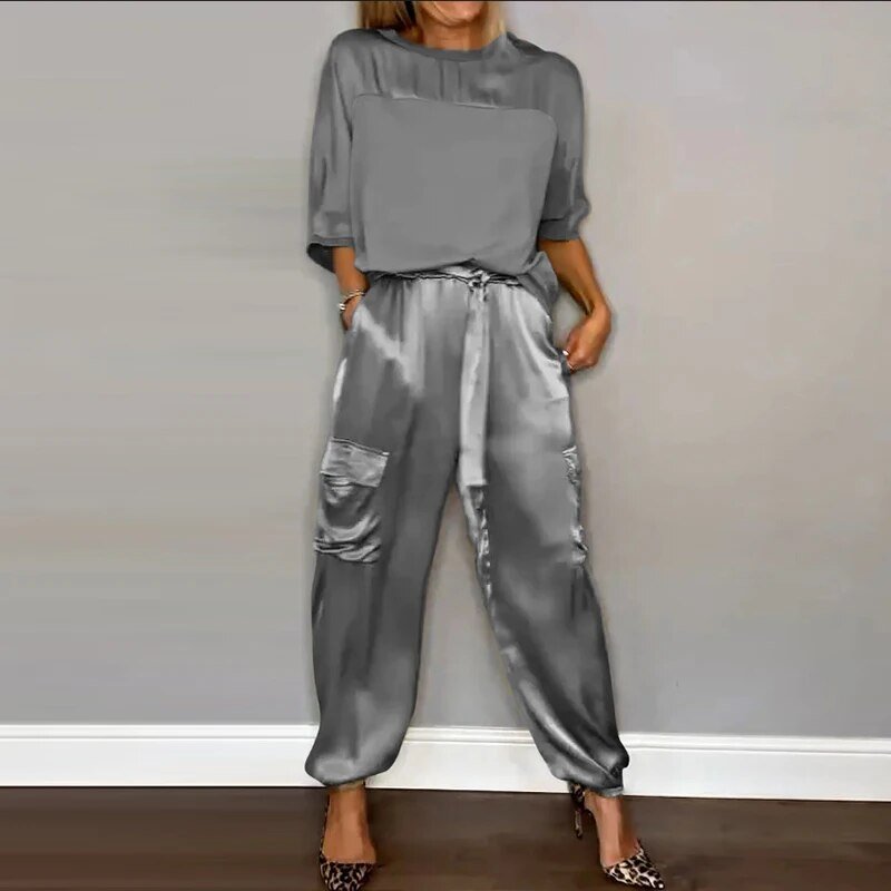 Luna Harrow elegant two-piece co-ord set for women, featuring a relaxed fit top and matching pants, in soft fabric.