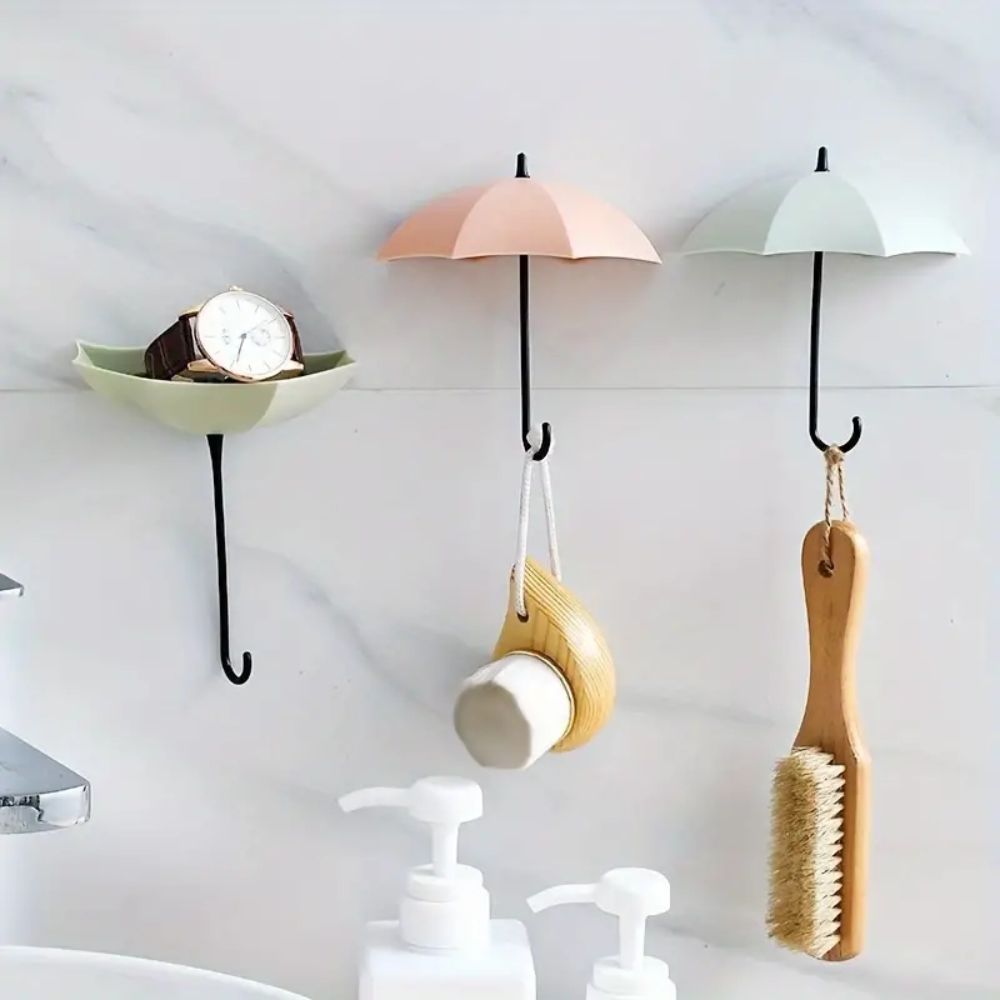 Umbrella Wall Hooks 3-Pack Adhesive Plastic Pastel and Neutral Colors Decorative Storage