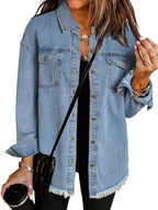 Harrow Madeline classic denim jacket for women, showcasing a stylish, versatile blue jean jacket with button front and collar.