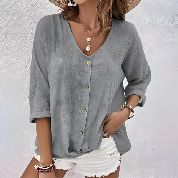 Harrow Marcia linen blouse for women featuring button-down front, lightweight summer apparel in breezy, natural fabric.