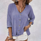 Harrow Marcia linen blouse for women, breezy button-down summer top with relaxed fit and lightweight fabric.