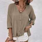 Harrow Marcia linen blouse for women featuring button-down front, lightweight breathable fabric, perfect for summer wear.