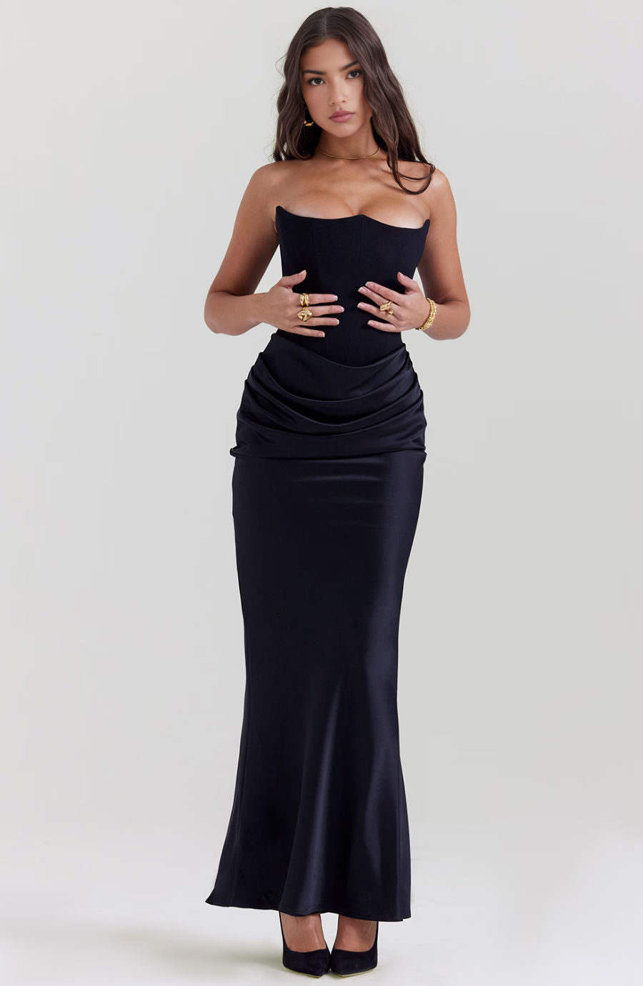 Harrow Alhena elegant strapless corset maxi dress for women, featuring a flowing fabric and tailored fit, perfect for formal occasions.