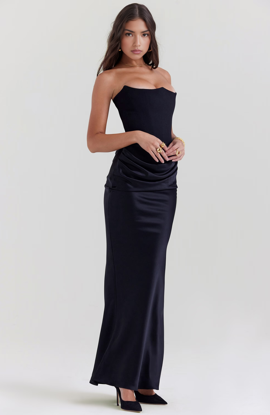 Mia strapless corset maxi dress by Harrow, elegant women's evening gown with fitted bodice and flowing skirt.