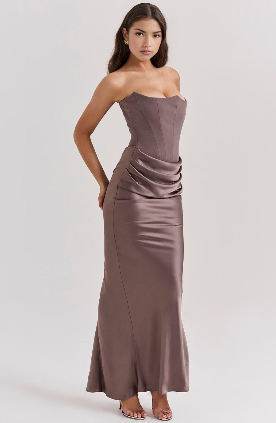 Harrow Alhena elegant strapless corset maxi dress for women, featuring a fitted bodice and flowing skirt for formal occasions
