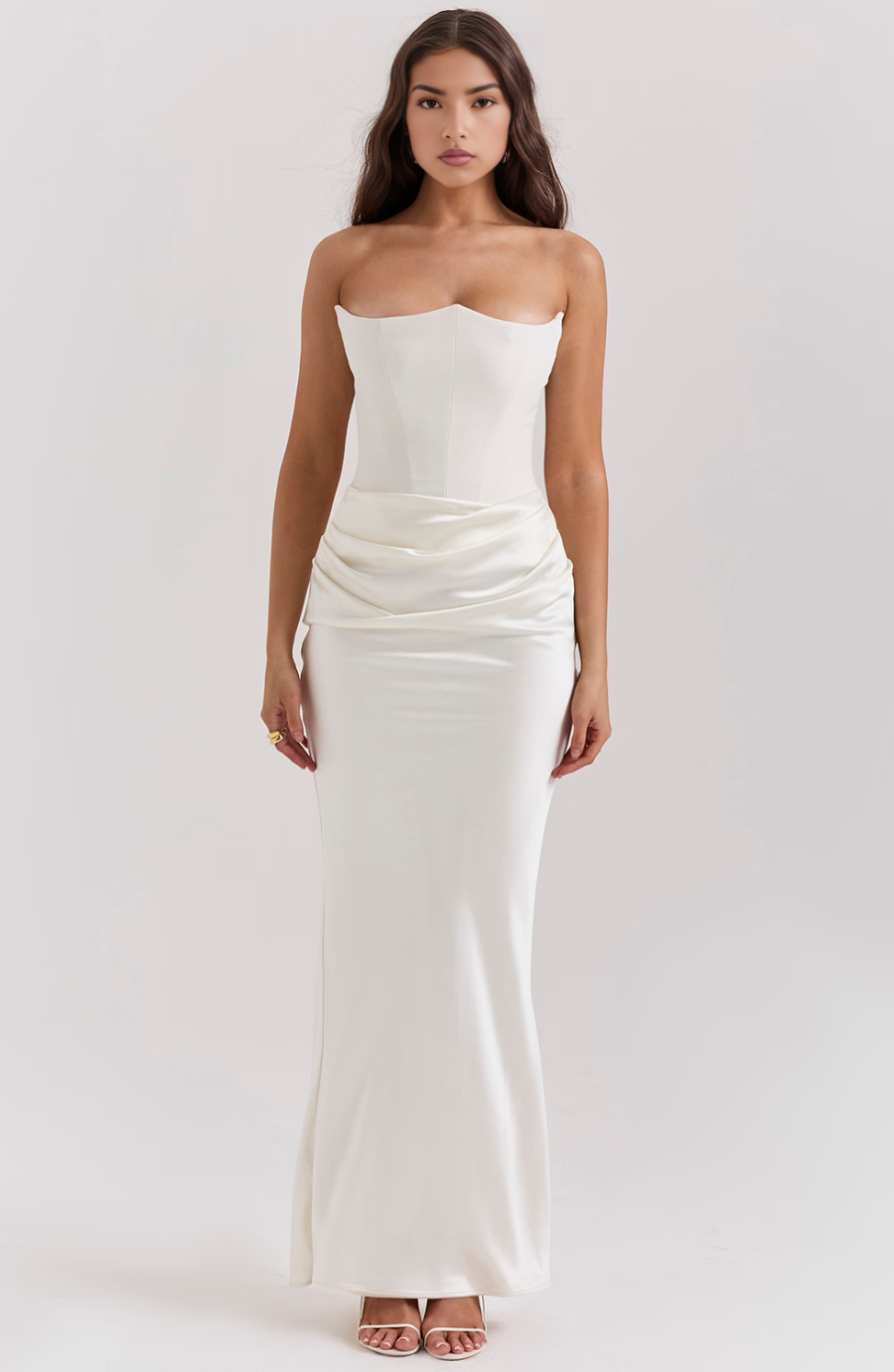Harrow Alhena elegant strapless corset maxi dress for women, flowing fabric, and sophisticated design for formal occasions.