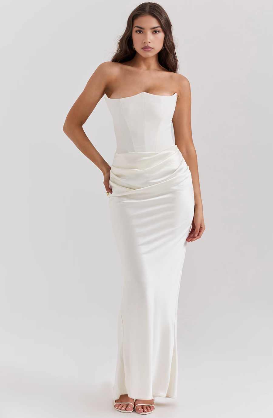 Harrow Alhena elegant strapless corset maxi dress for women, flowing fabric with fitted bodice and floor-length design.