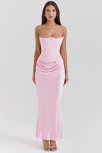 Mia strapless corset maxi dress by Harrow, elegant women's long dress with fitted bodice and flowing skirt, perfect for formal occasions.
