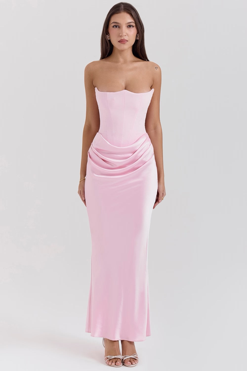 Mia strapless corset maxi dress by Harrow, elegant women's long dress with fitted bodice and flowing skirt, perfect for formal occasions.