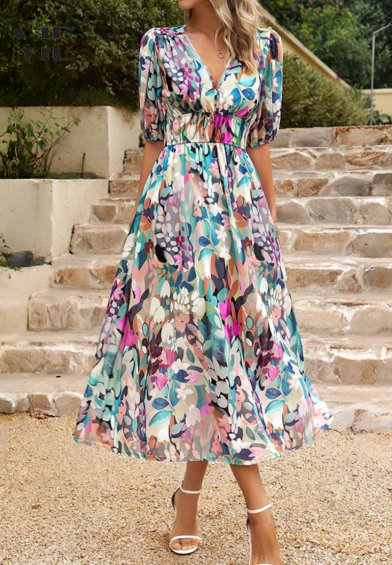 Harrow Monica floral summer dress for women, featuring a vibrant, elegant design with a fitted waist and flowing skirt.