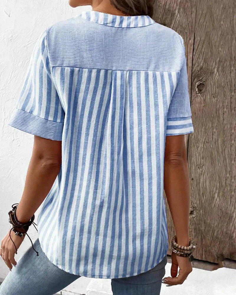 Harrow Monroe striped casual blouse for women, soft fabric, lightweight summer top with blue and white stripes, relaxed fit.