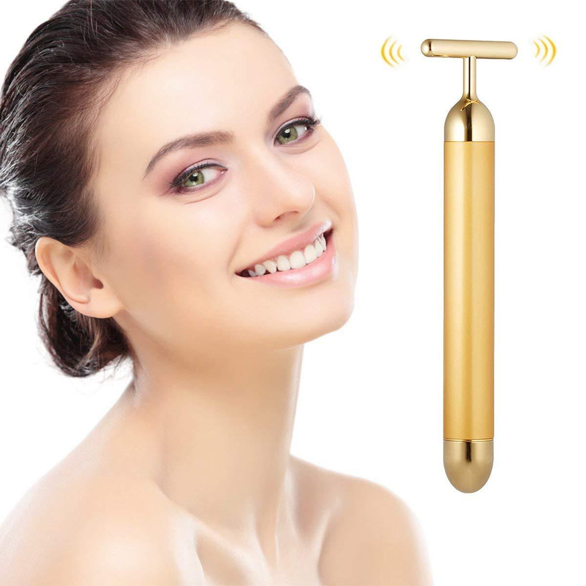 Facial T-Bar Gold Massager Vibrating Skin Roller for Face and Neck with Geranium Plated Metal