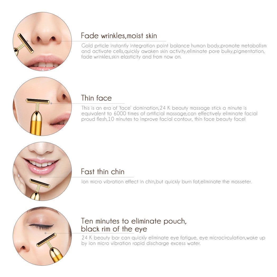Facial T-Bar Gold Massager Vibrating Skin Roller for Face and Neck with Geranium Plated Metal