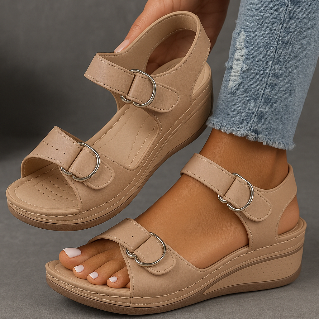Harrow Nina cushioned wedge sandals for women with open toe and ankle strap, ideal for summer comfort and style.