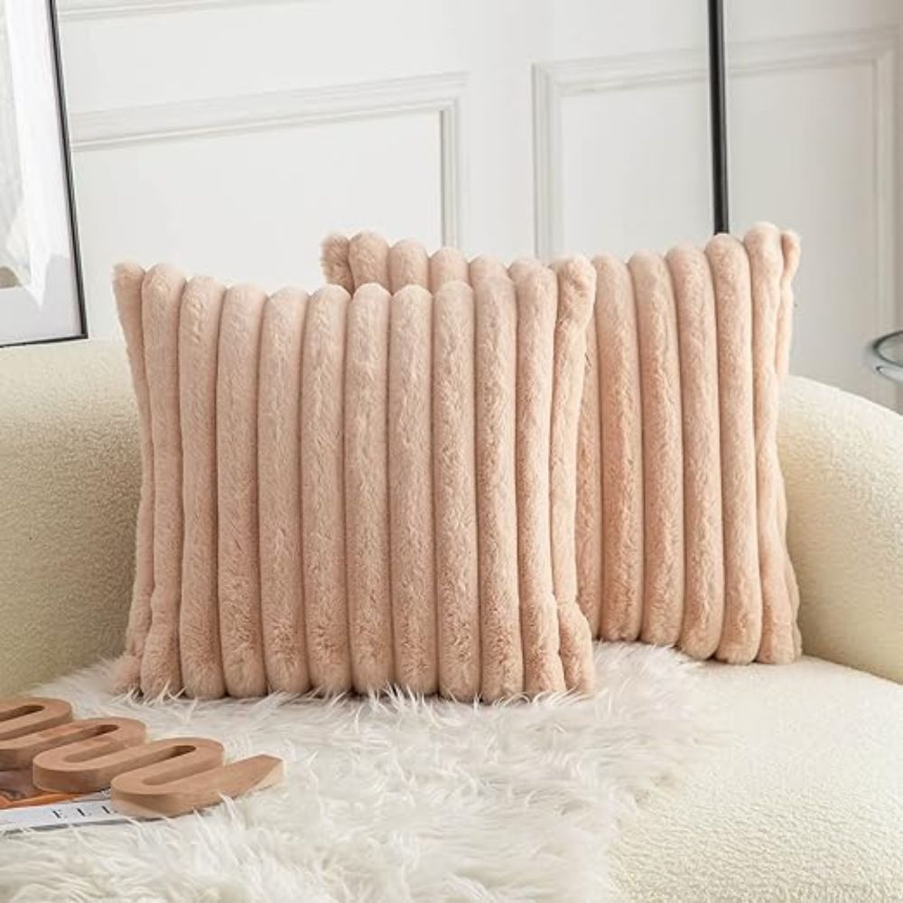 Plush Faux Fur Cushion Cover 18x18 Inches Soft Microfiber Striped Sofa Pillow Case